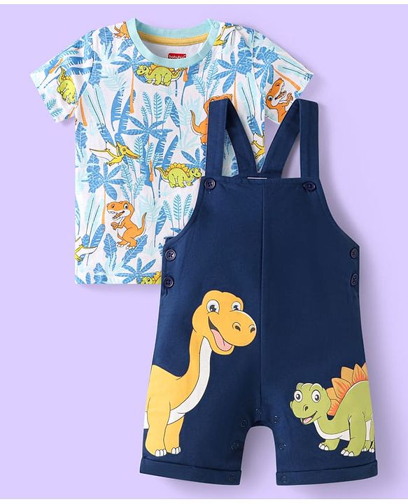 Babyhug Single Jersey Knit Half Sleeves T-Shirt & Dungaree with Dino Print - White & Navy Blue