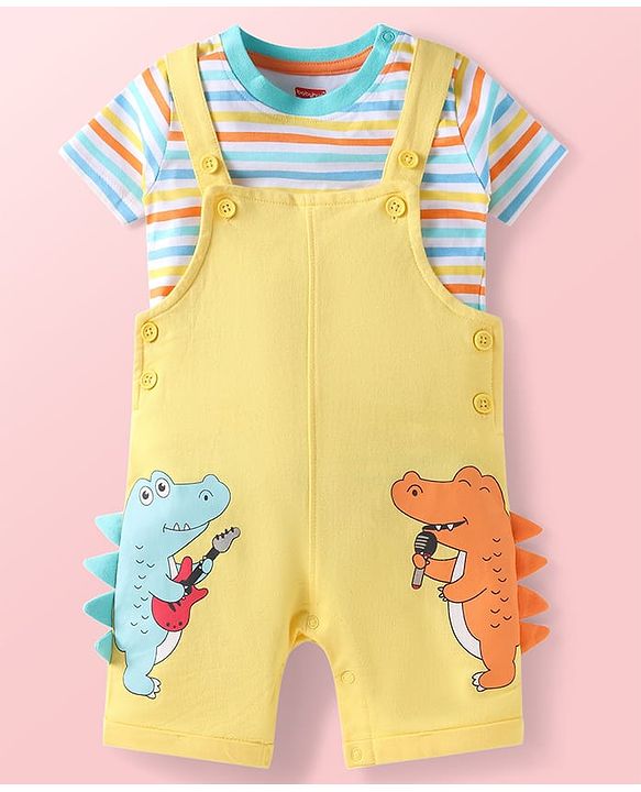 Babyhug Single Jersey Knit Half Sleeves Striped T-Shirt & Dungaree with Dino Print & Applique - Yellow
