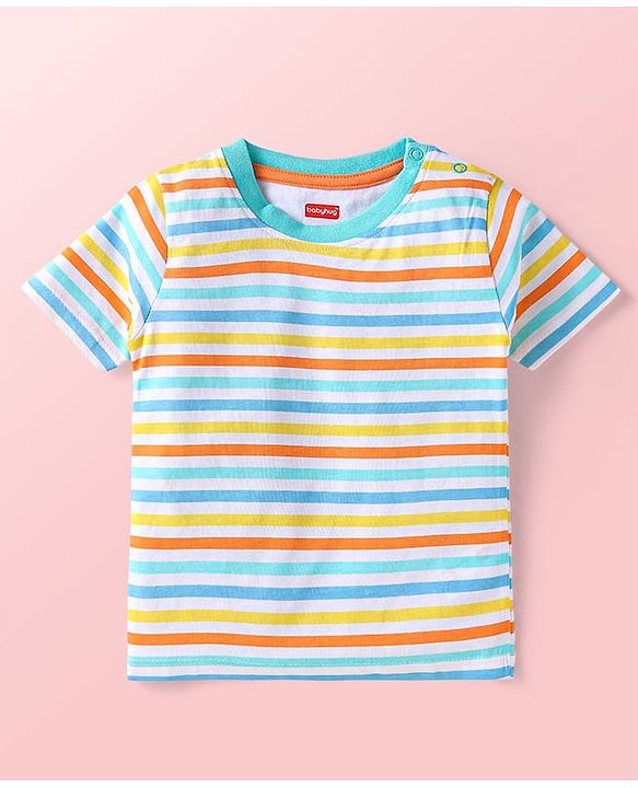 Babyhug Single Jersey Knit Half Sleeves Striped T-Shirt & Dungaree with Dino Print & Applique - Yellow