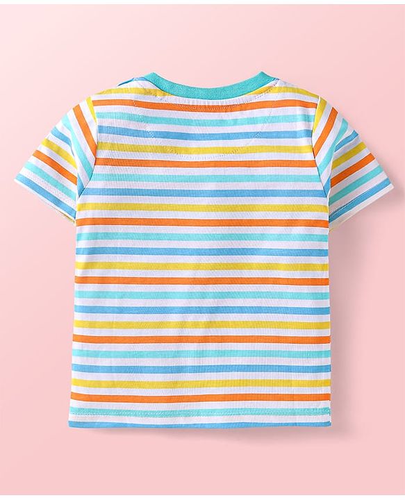 Babyhug Single Jersey Knit Half Sleeves Striped T-Shirt & Dungaree with Dino Print & Applique - Yellow