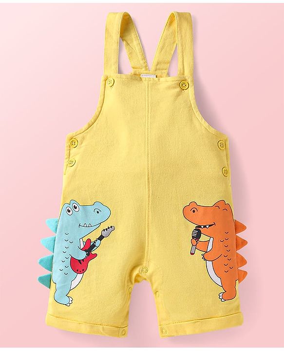 Babyhug Single Jersey Knit Half Sleeves Striped T-Shirt & Dungaree with Dino Print & Applique - Yellow