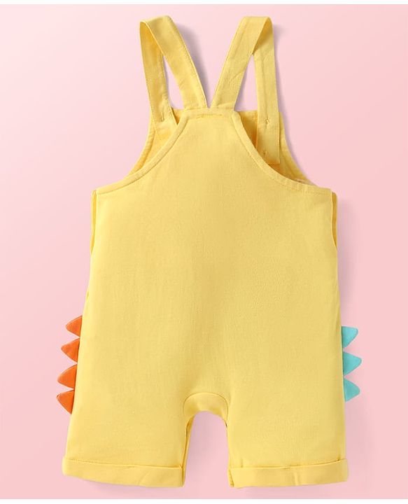 Babyhug Single Jersey Knit Half Sleeves Striped T-Shirt & Dungaree with Dino Print & Applique - Yellow