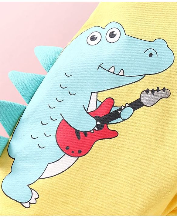 Babyhug Single Jersey Knit Half Sleeves Striped T-Shirt & Dungaree with Dino Print & Applique - Yellow