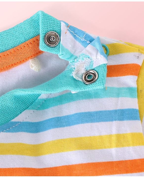 Babyhug Single Jersey Knit Half Sleeves Striped T-Shirt & Dungaree with Dino Print & Applique - Yellow