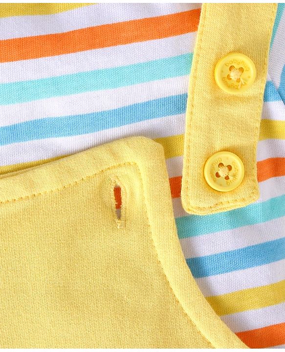 Babyhug Single Jersey Knit Half Sleeves Striped T-Shirt & Dungaree with Dino Print & Applique - Yellow