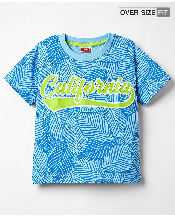Babyhug Cotton Knit Half Sleeves Oversized T-Shirt with Text Print - Light Blue