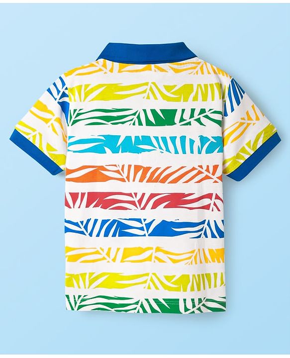 Babyhug Cotton Knit Half Sleeves Striped Polo T-Shirt with Leaves Print - Blue & White