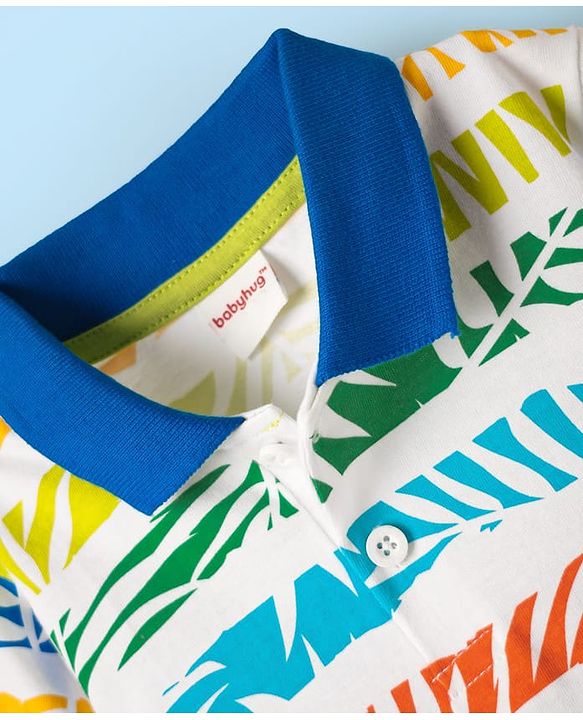 Babyhug Cotton Knit Half Sleeves Striped Polo T-Shirt with Leaves Print - Blue & White