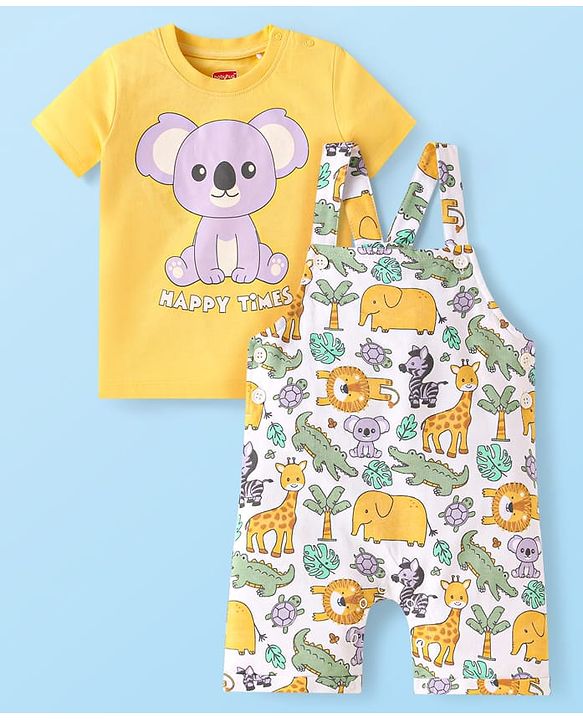 Babyhug Single Jersey Knit Dungaree & Half Sleeves T-Shirt With Animal Print - White & Yellow