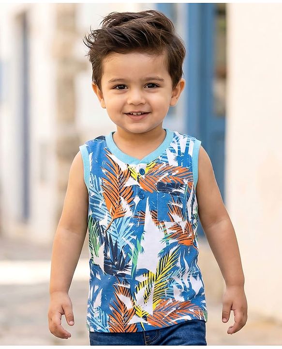 Babyhug Cotton Knit Sleeveless Tank T-Shirt With Tropical Print - Blue & White