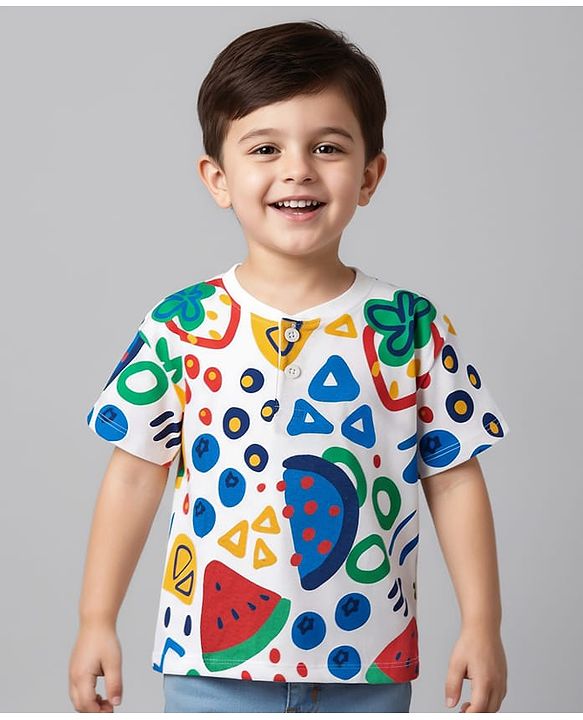 Babyhug Cotton Knit Half Sleeves Henley T-Shirt with Fruit Print - White