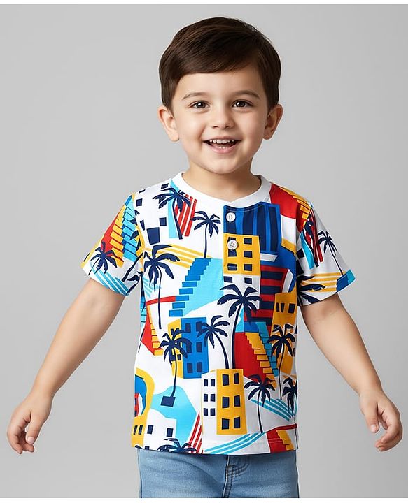 Babyhug Cotton Knit Half Sleeves T-Shirt with Coconut Tree Print - White