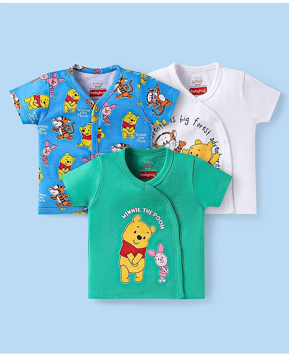 Babyhug Disney Interlock Knit Half Sleeves Front open Jhablas with Winnie The Pooh Print Pack of 3 - Blue White & Green