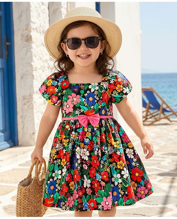 Babyhug Rayon Woven Half Raglan Puffed Sleeves Floral Printed Frock with Bow Applique - Black