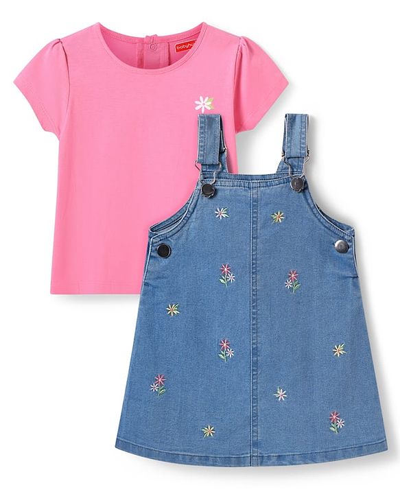 Babyhug Cotton Woven Frock & Half Sleeves Inner Tee With Floral Embroidery - Blue & Pink