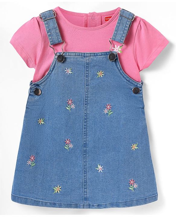 Babyhug Cotton Woven Frock & Half Sleeves Inner Tee With Floral Embroidery - Blue & Pink