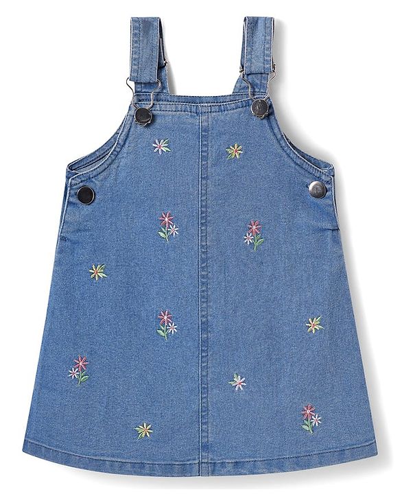 Babyhug Cotton Woven Frock & Half Sleeves Inner Tee With Floral Embroidery - Blue & Pink