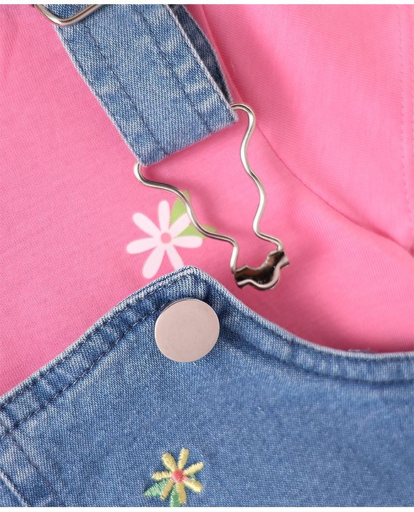 Babyhug Cotton Woven Frock & Half Sleeves Inner Tee With Floral Embroidery - Blue & Pink