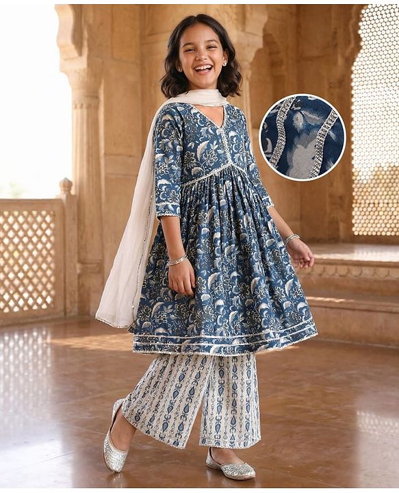 Pine Kids Viscose Woven Three Fourth Sleeves Floral Printed Kurta & Gharara Set with Dupatta - Navy Blue