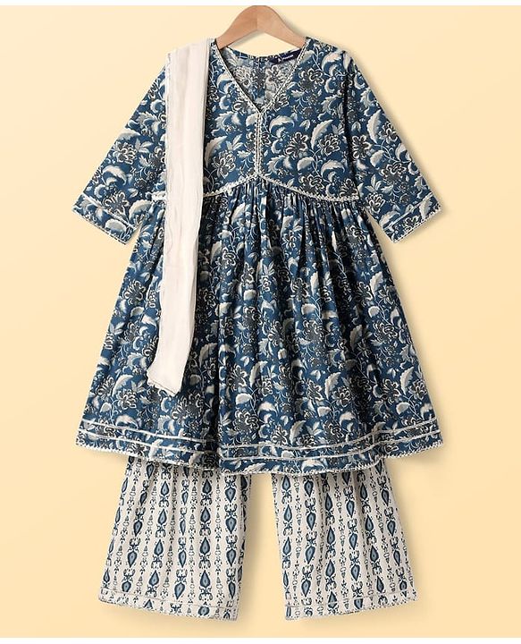 Pine Kids Viscose Woven Three Fourth Sleeves Floral Printed Kurta & Gharara Set with Dupatta - Navy Blue