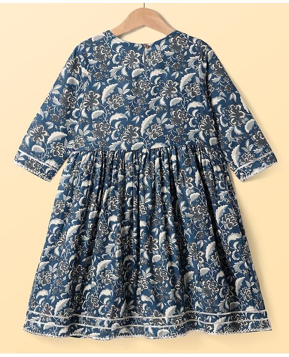 Pine Kids Viscose Woven Three Fourth Sleeves Floral Printed Kurta & Gharara Set with Dupatta - Navy Blue