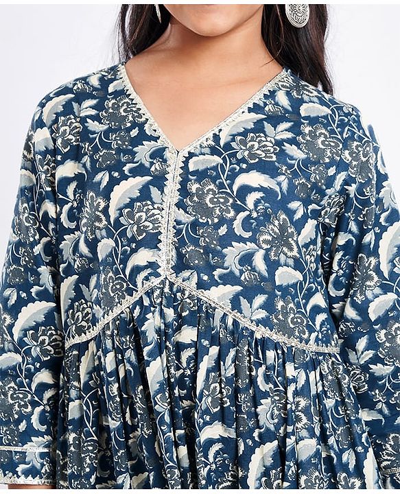 Pine Kids Viscose Woven Three Fourth Sleeves Floral Printed Kurta & Gharara Set with Dupatta - Navy Blue