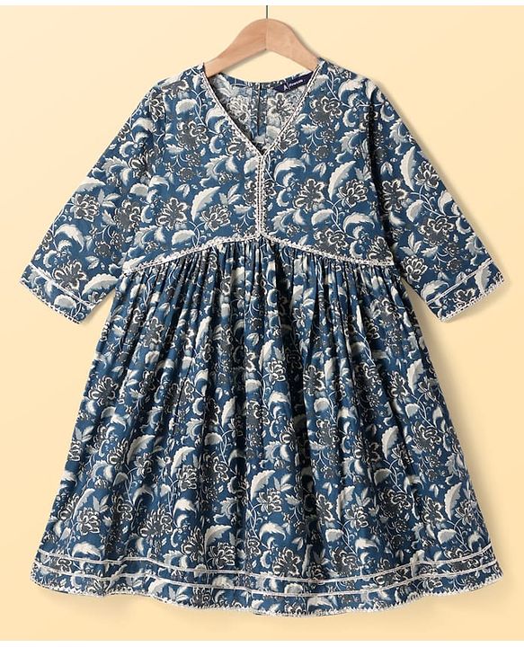 Pine Kids Viscose Woven Three Fourth Sleeves Floral Printed Kurta & Gharara Set with Dupatta - Navy Blue