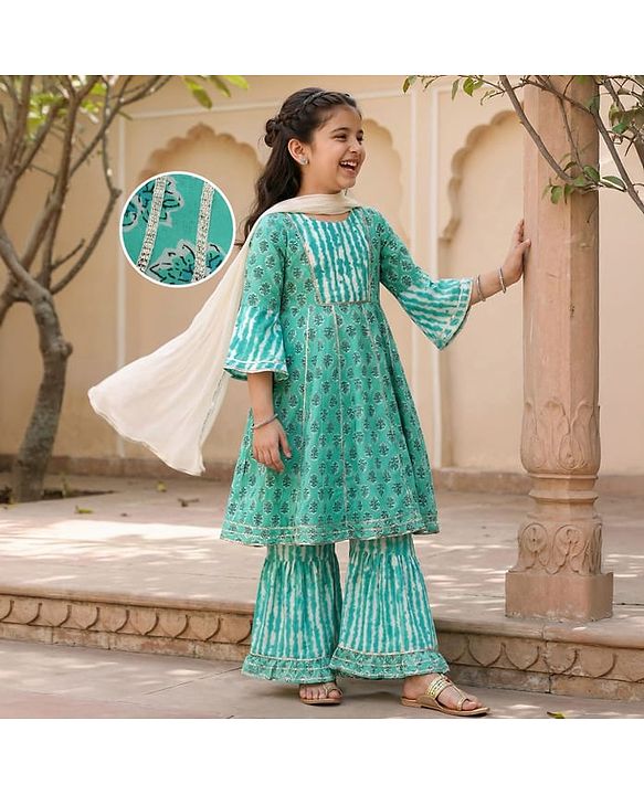 Pine Kids Viscose Woven Three Fourth Sleeves Floral Printed Kurta & Gharara Set with Dupatta - Mint Green