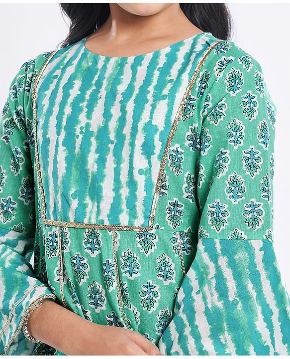 Pine Kids Viscose Woven Three Fourth Sleeves Floral Printed Kurta & Gharara Set with Dupatta - Mint Green