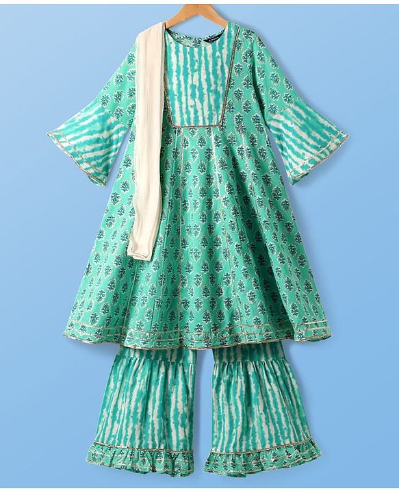 Pine Kids Viscose Woven Three Fourth Sleeves Floral Printed Kurta & Gharara Set with Dupatta - Mint Green