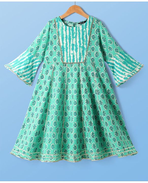 Pine Kids Viscose Woven Three Fourth Sleeves Floral Printed Kurta & Gharara Set with Dupatta - Mint Green