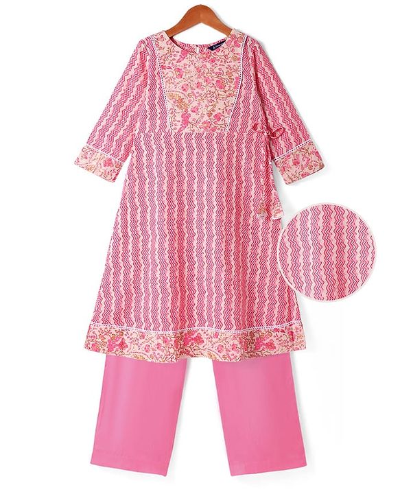Pine Kids Viscose Woven Three Fourth Sleeves Floral Printed Kurta Salwar Set - Pink