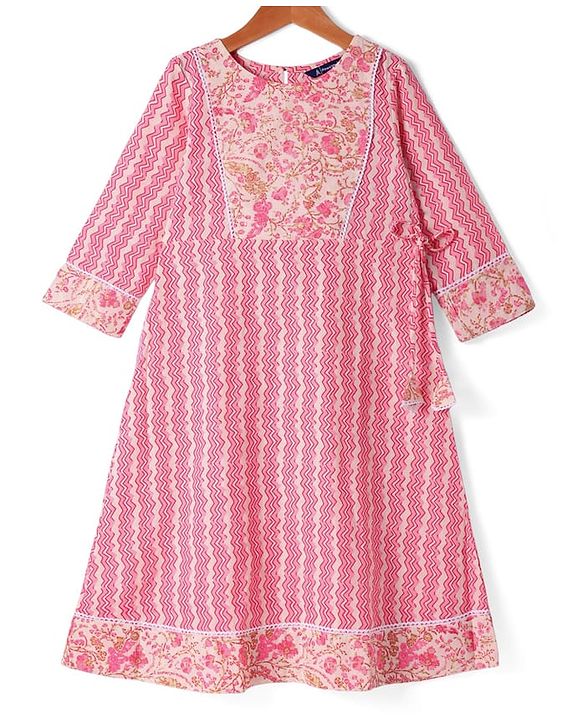 Pine Kids Viscose Woven Three Fourth Sleeves Floral Printed Kurta Salwar Set - Pink
