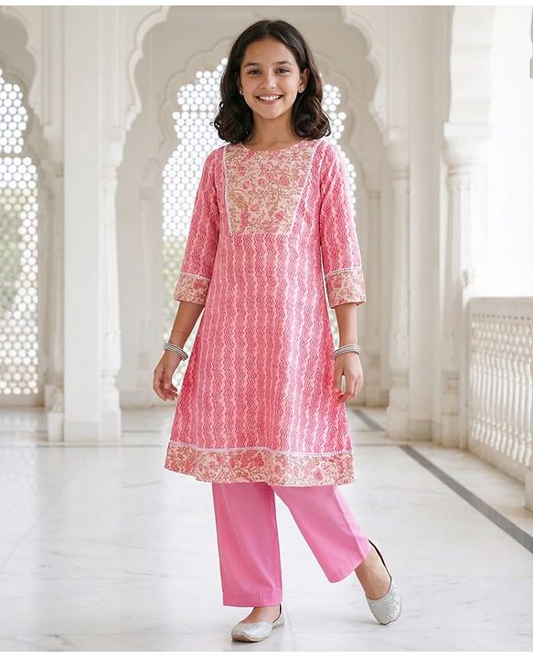 Pine Kids Viscose Woven Three Fourth Sleeves Floral Printed Kurta Salwar Set - Pink