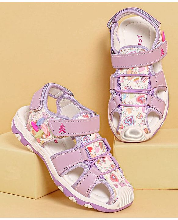 Pine Kids Heart Printed Sandals With Floral Applique & Velcro Closure - Purple