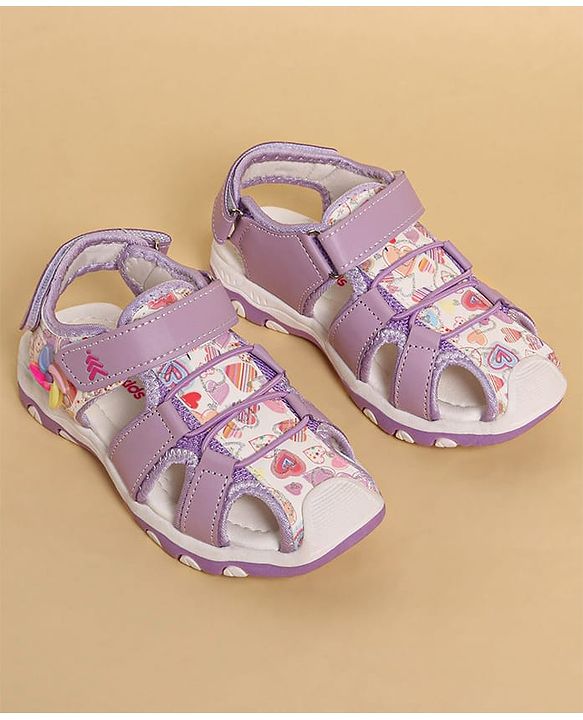 Pine Kids Heart Printed Sandals With Floral Applique & Velcro Closure - Purple