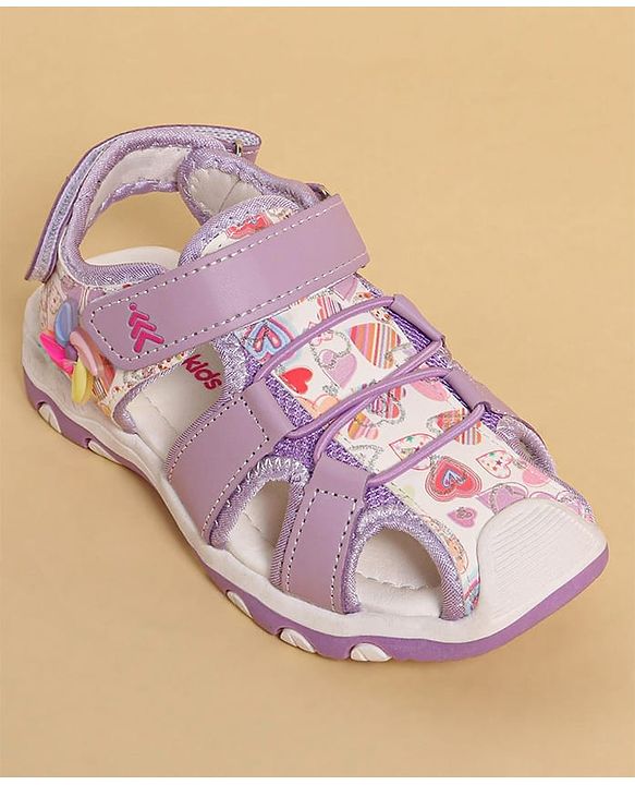 Pine Kids Heart Printed Sandals With Floral Applique & Velcro Closure - Purple