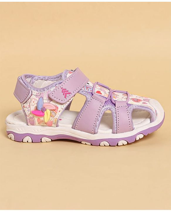 Pine Kids Heart Printed Sandals With Floral Applique & Velcro Closure - Purple