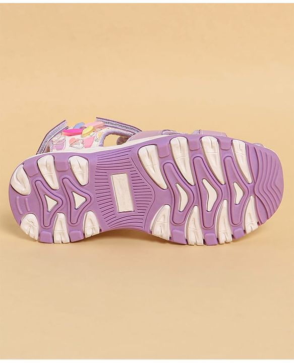 Pine Kids Heart Printed Sandals With Floral Applique & Velcro Closure - Purple
