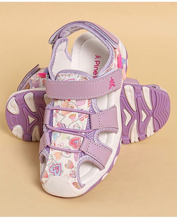 Pine Kids Heart Printed Sandals With Floral Applique & Velcro Closure - Purple