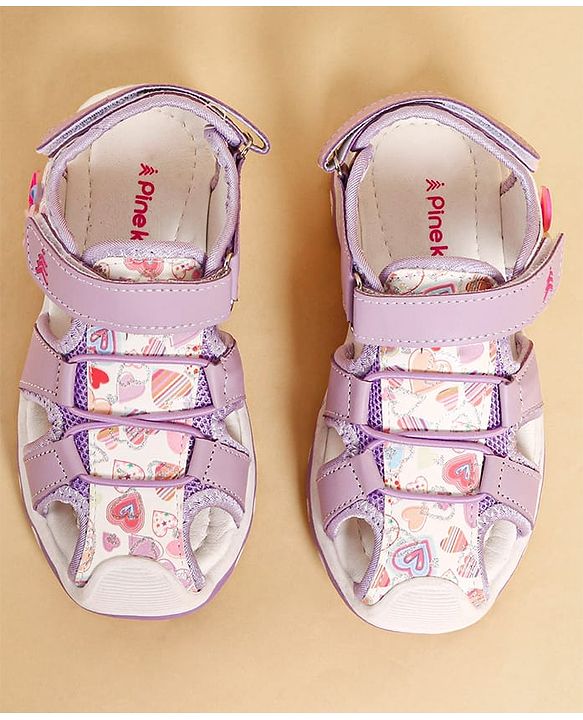Pine Kids Heart Printed Sandals With Floral Applique & Velcro Closure - Purple