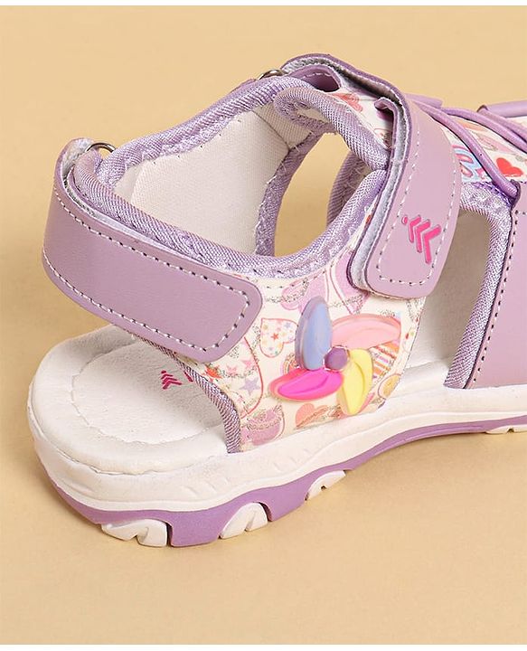 Pine Kids Heart Printed Sandals With Floral Applique & Velcro Closure - Purple