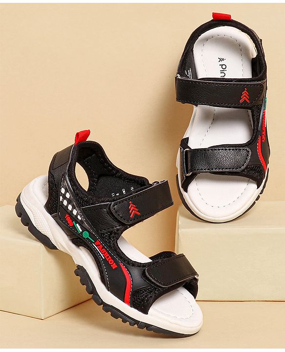 Pine Kids Sandals with Velcro Closure & Text Print - Black
