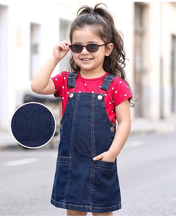Babyhug Cotton Woven Frock & Half Sleeves Inner Tee With Heart Print - Navy Blue & Pink