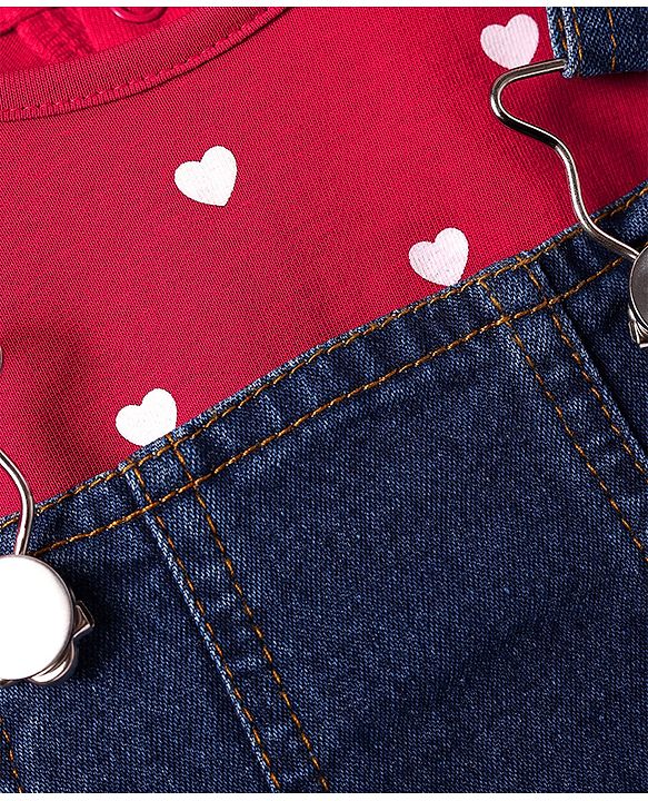 Babyhug Cotton Woven Frock & Half Sleeves Inner Tee With Heart Print - Navy Blue & Pink