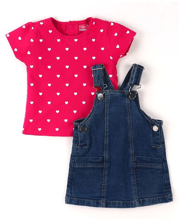 Babyhug Cotton Woven Frock & Half Sleeves Inner Tee With Heart Print - Navy Blue & Pink