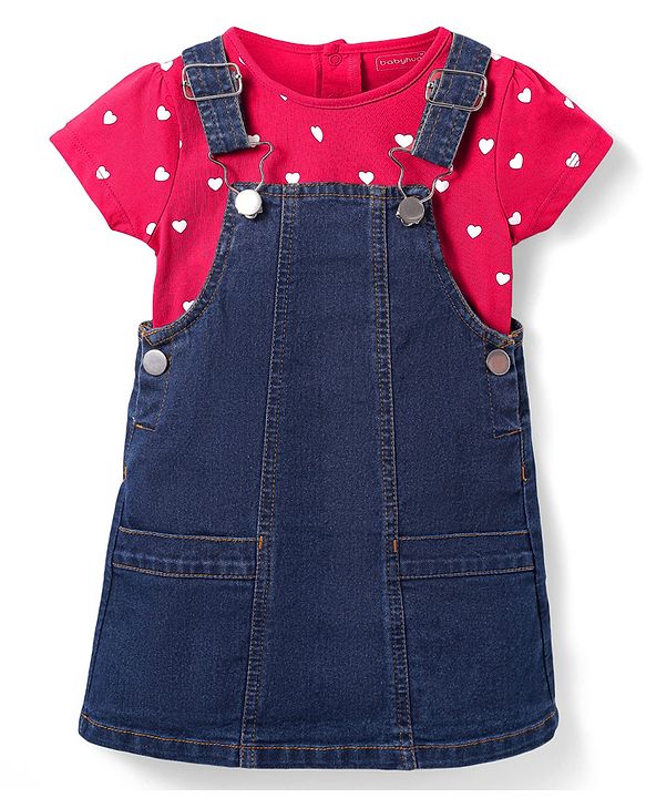 Babyhug Cotton Woven Frock & Half Sleeves Inner Tee With Heart Print - Navy Blue & Pink