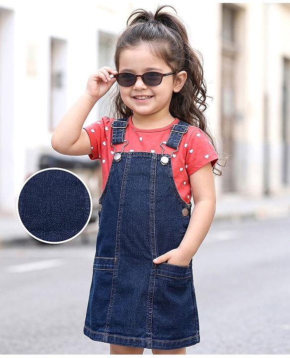 Babyhug Cotton Woven Frock & Half Sleeves Inner Tee With Heart Print - Navy Blue & Pink