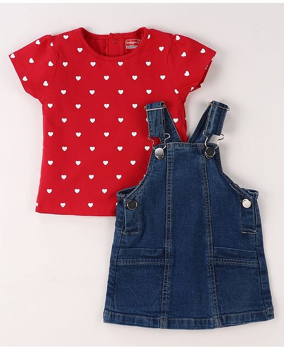 Babyhug Cotton Woven Frock & Half Sleeves Inner Tee With Heart Print - Navy Blue & Pink