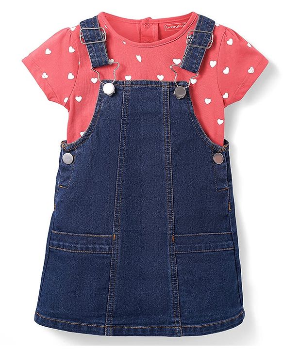 Babyhug Cotton Woven Frock & Half Sleeves Inner Tee With Heart Print - Navy Blue & Pink
